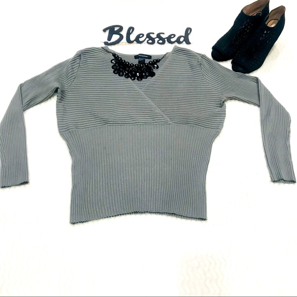 Ashley Stewart Gray Ribbed V-Neck Sweater